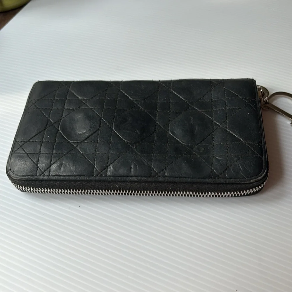 Lady Dior Voyageur Cannage Black Quilted Leather Zip Around Wallet w/ Logo charm